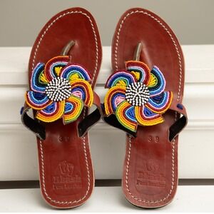 Rkash Leather Beaded Sandals Colorful Boho Tribal Art Hippie Festival Artisanal